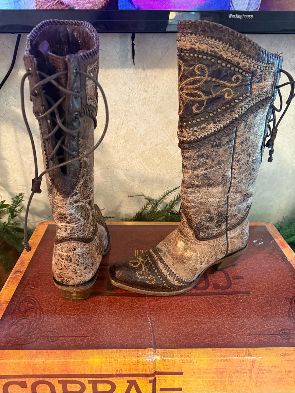Embroidered Distressed Brown Western Knee-High Heeled Boots